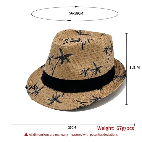 Cappello Fedora Di Paglia Estate Carta Traspirante Stampa Palme Spiaggia Protezione Solare Trilby Jazz Per Uomo