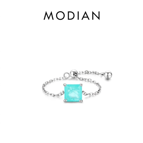 925 Sterling Silver Adjustable Chain Ring With Square Synthetic Paraiba Tourmaline Minimalist Jewelry For Women