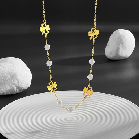 Collana Girocollo In Acciaio Inossidabile Placcato Oro Quadrifoglio Perla Artificial Donne Gioielli Eleganti Minimalisti Floreali