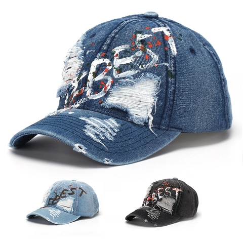 Distressed Denim Baseball Cap Ripped Cotton Hat Retro Streetwear Paint Splatter Letter Print Adjustable Sun Hat