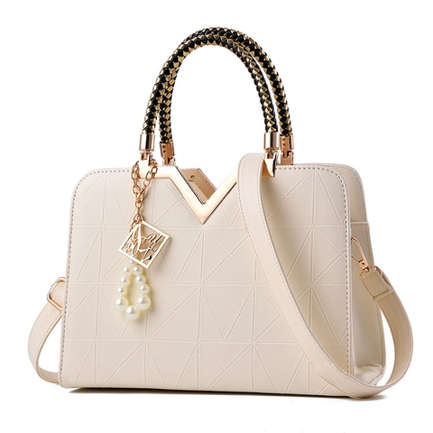 Women Fashion Handbag Geometric Triangle Embossed PU Leather V Metal Decor Woven Handle Shoulder Crossbody Purse Bag