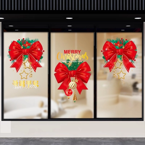Christmas Window Stickers Static Cling Decals Double Sided PVC Red Bow Merry Christmas Snowflake Holiday Party Glass Decor