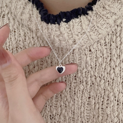 Collier Pendentif Cœur Agate Noire Argent Sterling 925 Plaqué Or Style Rétro Minimaliste Bijoux Pour Femmes