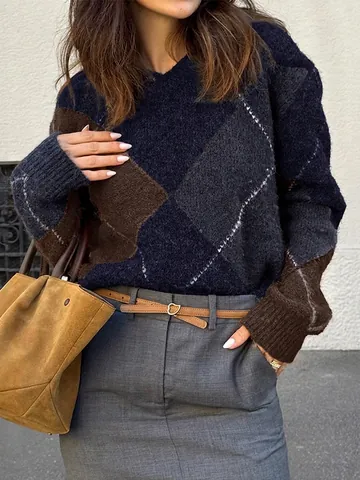 Maglione In Maglia Argyle Vintage Da Donna A Maniche Lunghe Color Block Pullover Casual Ampio Alla Moda