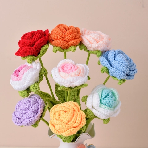 Handmade Crochet Flowers Yarn Rose Artificial Tulip Sunflower Heart Branch Home Decor Knitted Simulation Bouquet Gift