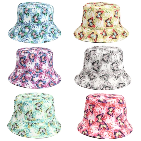 Cappello Alla Pescatora Reversibile Stampa Farfalla Cotone Poliestere Protezione Solare Traspirante Estate Donne