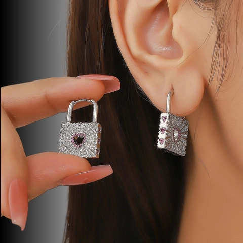 Heart Padlock Hoop Earrings Copper With Cubic Zirconia Hollow Love Shape Dainty Jewelry For Women