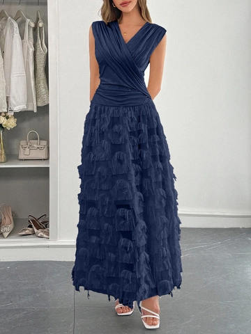 Ärmelloses Maxi Kleid Mit V-Ausschnitt Elegant Polyester Feder Fransen Struktur A-Linie Langes Partykleid Für Damen
