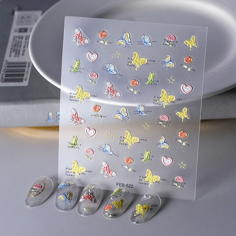 Pegatinas Uñas Relieve 5D Impermeable Autoadhesivo Mariposa Flor Corazón DIY Manicura Decoración Para Mujeres