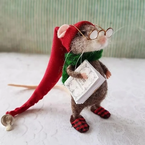 Süße Nadelgefilzte Maus Handgefertigtes Wollfilz-Tier-Ornament Mit Brille Buch Zeitung Schreibtisch-Figur Heimdekor Geschenk