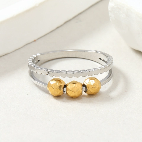 Niche Design Stainless Steel Fidget Ring For Anxiety Movable Beads Stress Relief Double Layer Cut-out Geometric Finger Ring Fashion Jewelry For Men Women