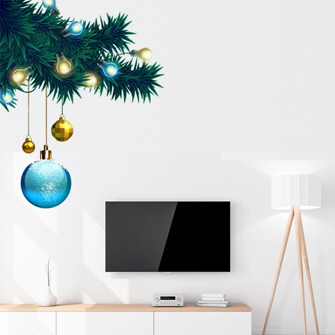 Pegatina Pared Navidad PVC Rama Pino Luces Colores Bola Oro Azul Decoración Festiva Salón Ventana Mural Removible