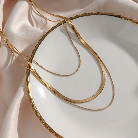 Layered Snake Bone Chain Necklace Stainless Steel 18K Gold Plated Triple Layer Clavicle Chain Fashion Jewelry For Women