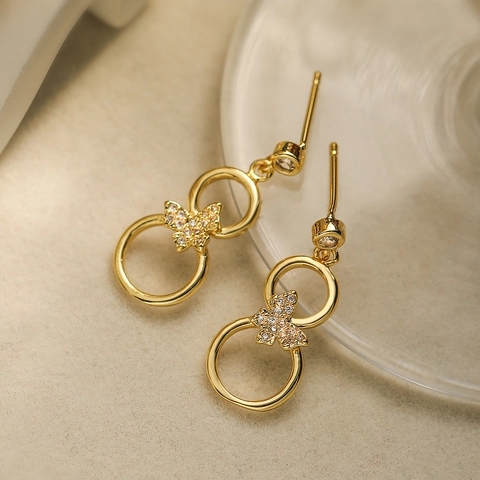 Vintage Hängeohrringe 18K Vergoldetes Kupfer Ineinandergreifende Kreise Zirkonia Schmetterling Geometrisches Design Schmuck