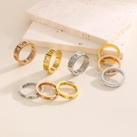 Anillo De Acero Inoxidable Números Romanos Cuadrado Geométrico Incrustación De Circonio Joyería De Dedo Unisex Moda Minimalista