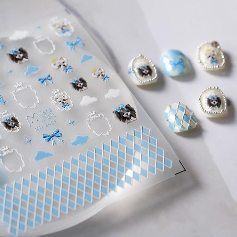 Autocollants Art Ongles Relief 5D Chien Dessin Animé Noeuds Bleus Auto-Adhésifs PET Manucure DIY