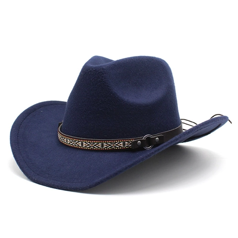 Westerse Cowboyhoed Wollen Vilt Brede Rand Vintage Fedora Met Etnische Geweven Band En Metalen Klinknagels Voor Heren Dames