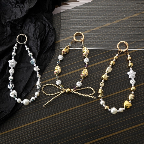 Handmade Artificial Pearl Beaded Bowknot Heart Star Keychain Phone Case Strap Bag Charm Jewelry Accessory For Women Girls Gift