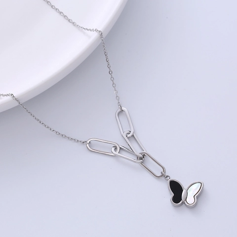 Collana Con Pendente A Farfalla Acciaio Inossidabile 316L Goccia Olio Nero Bianco Chic Catena Maglie Asimmetrica
