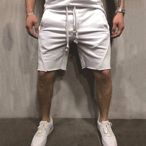 Short de Sport Décontracté pour Hommes Séchage Rapide Polyester Effiloché Ourlet Brut Cordon de Serrage Fitness Course Pantalon à Cinq Points