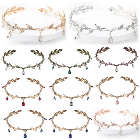 Tiara Elegante Ramo Di Foglia Corona Lega Strass Con Pendenti In Cristallo Goccia Acqua Accessori Capelli Sposa Per Donna