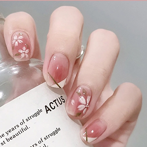 Unghie Finte Rosa Sfumato Motivo Floreale Stile Francese Corte Quadrate Arrotondate Unghie Artificiali Per Donne