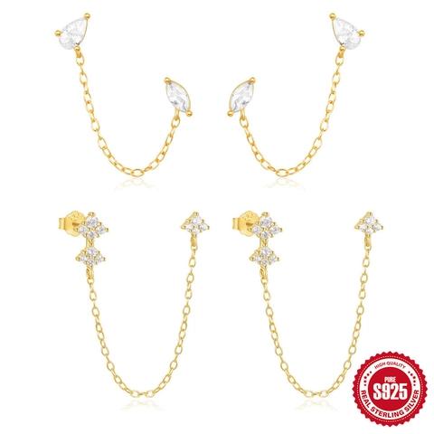 Orecchini a Catena in Argento Sterling 925 Con Zirconia Placcato Oro Nappa Goccia d'Acqua Petalo Orecchini a Bottone Donna Gioielli