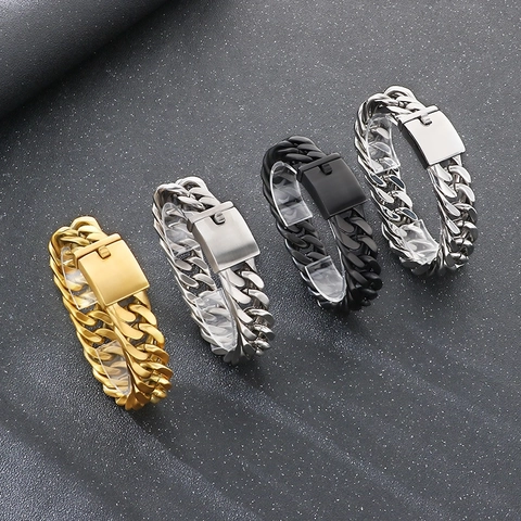 Pulsera De Cadena Cubana Para Hombre Titanio Acero Inoxidable Pesada Ancha Punk Streetwear Hip Hop Mate Pulida Joyería