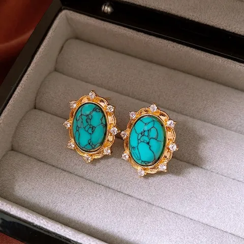 Pendientes De Botón Ovalados Vintage Con Turquesa Sintética Circonita Y Poste De Plata De Ley 925 Joyería Retro Para Mujer