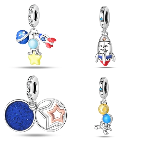 Space Travel Astronaut Rocket Moon Planet Charms 925 Sterling Silver Σμάλτο Ζιργκόν Χάντρες Για Βραχιόλια Αξεσουάρ Κοσμημάτων