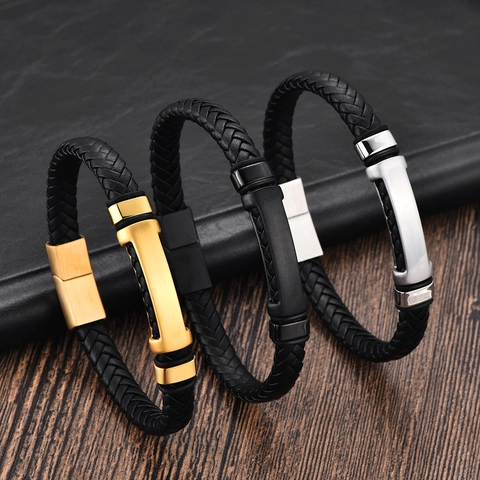 Men Woven Leather Bracelet Stainless Steel Metal Plate Magnetic Clasp Simple Fashion Punk Wristband Bangle Jewelry