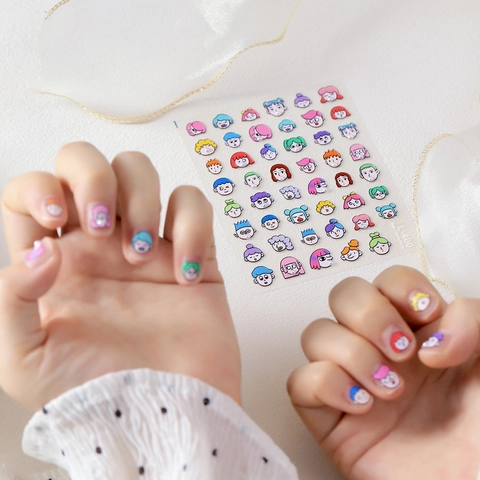 Kawaii Cartoon Avatar Nail Art Stickers With 3D Relief And Mini Faux Artificial Pearl Decorations Cute DIY Manicure Decals