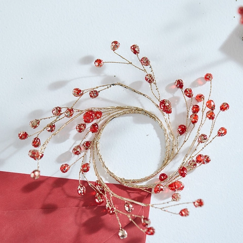 Red Acrylic Bead Christmas Tree Wreath Garland Golden Wire Festive Holiday Desktop Decoration DIY Branch