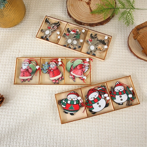 Wooden Christmas Hanging Ornaments Set Snowman Reindeer Santa Claus Decorative Wood Pendants With Ropes And Beads In Box