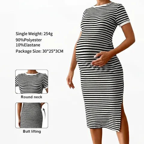 Maternity Striped Dress Slim Fit Short Sleeve Side Split Round Neck Polyester Elastane Casual Pregnancy Apparel For Women