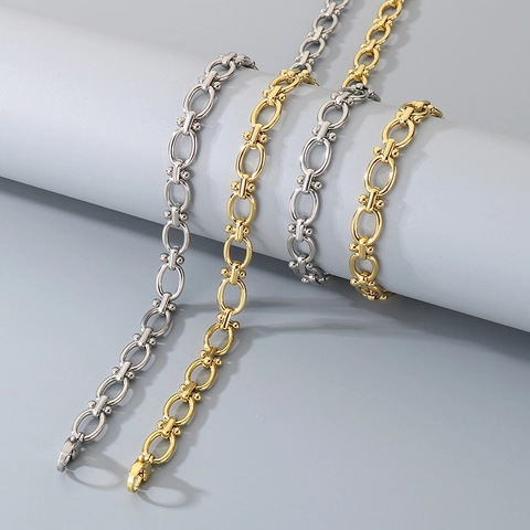 Collana E Bracciale 18K Placcato Oro Acciaio Inossidabile Maglia Cubana Tonda Perline Gioielli Hip Hop Uomo Donna