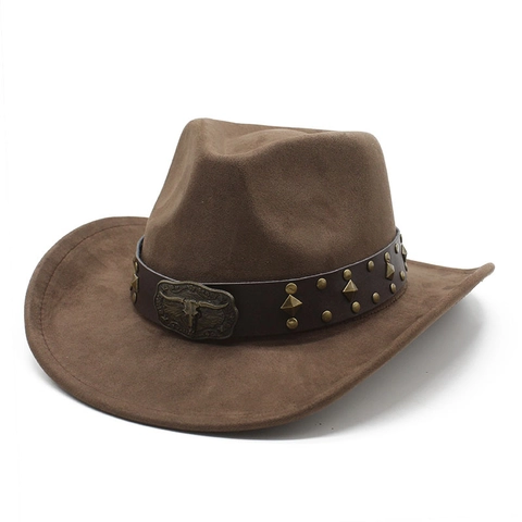 Western Cowboy Hat Suede Fabric Ethnic Style Rivet Leather Band Longhorn Bull Head Buckle Wide Brim Vintage Jazz For Unisex
