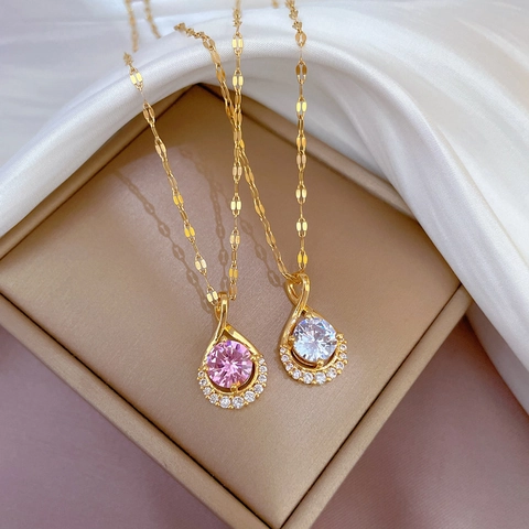 Teardrop Pendant Necklace Stainless Steel Chain Copper Micro Inlaid Zircon Round Stone Elegant Jewelry For Women