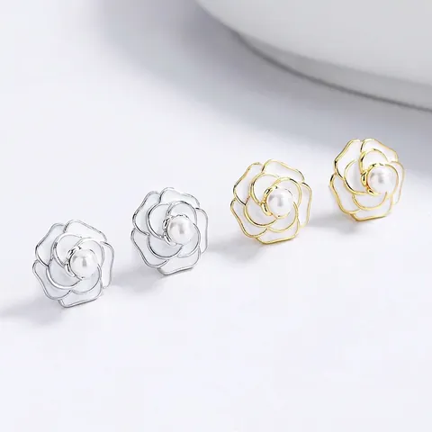 Eleganti Orecchini a Bottone con Fiore di Camelia Vintage Francese Perno in Argento Sterling 925 Con Perla Artificiale Gioielli Donna