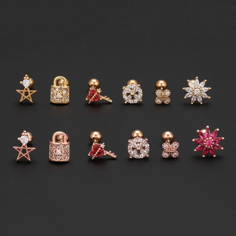 Copper Tragus Stud Earrings With Zircon Star Heart Flower Key For Women Cartilage Piercing Stainless Steel Earring Post