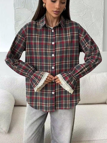 Camisa De Cuadros Para Mujer Manga Larga Patchwork De Encaje Blusa Con Botones Holgada Vintage Streetwear