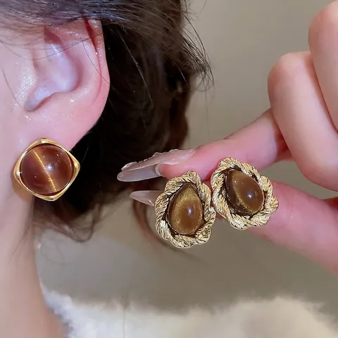 Vintage Geometric Stud Earrings Brown Cat Eye Resin And 925 Sterling Silver Earring Post Alloy Gold Plated For Women