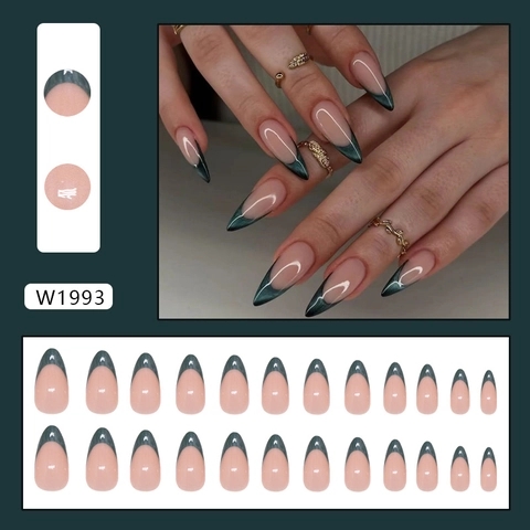 Uñas Postizas Largas Stiletto Diseño Francés Ojo De Gato Verde Uñas Artificiales Removibles Brillantes ABS Mujer