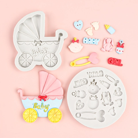 Baby Shower Siliconen Vorm Kinderwagen Fles Voeten Vormen Fondant Taart Chocolade Klei Bakken DIY Gereedschap