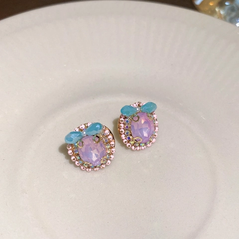 Fashion Geometric Stud Earrings With Silver Earring Post Alloy Rhinestone Colorful Resin Butterfly Heart Flower For Women