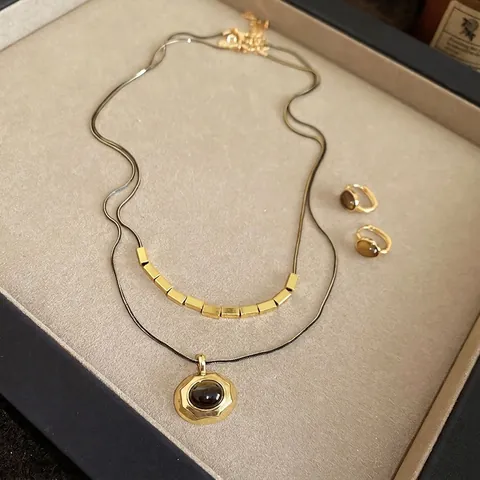 Conjunto De Joyas Vintage Maillard Cobre Chapado En Oro 18K Collar Pendientes Ojo De Tigre Con Poste De Plata De Ley 925