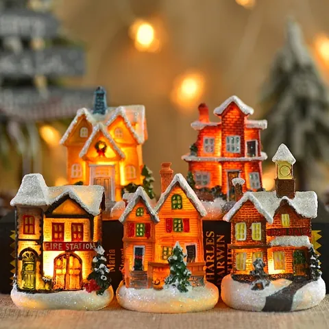 Weihnachts Miniaturhaus Harz Leuchtendes Schneedorf Gebäude LED Glühende Tischdekoration Für Feiertags Heimdekor