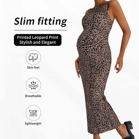 Ärmelloses Umstandskleid Maxikleid Leopardenmuster Rundhalsausschnitt Figurbetontes Sexy Schwangerschaftskleid