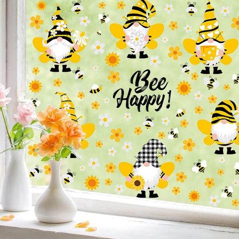 Spring Honey Bee Gnome Window Stickers PVC Self Adhesive Sunflower Daisy Wall Decals For Home Nursery Glass Decoration