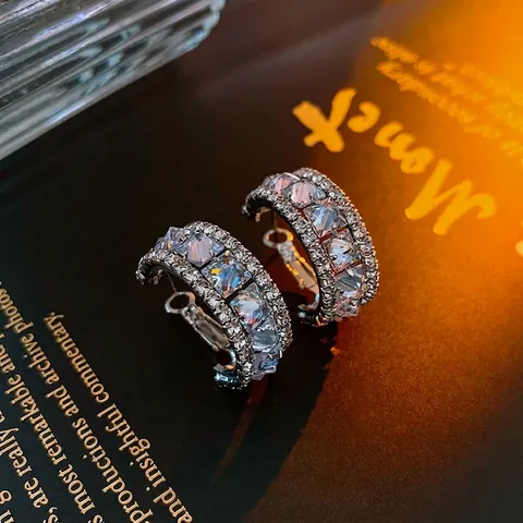 Luxury C-Shape Hoop Earrings Alloy Square Zircon Pave Rhinestones With Silver Earring Post Fashion Jewelry For Women